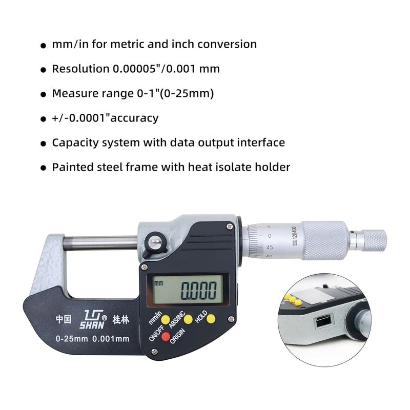 MIORIT SHAN 0-1 Digital Micrometer，0.00005" /0.001mm Resolution，Professional Digital Outside Micrometer with Carbide Tip 0-1" (0-25mm) Range, Digital Caliper is Ideal Inspection Tools - Image 5